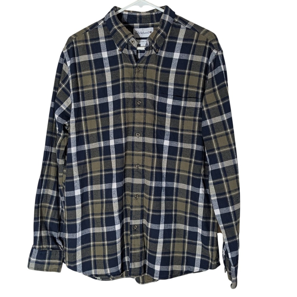 Saddlebred Flannel Button Shirt Classic Fit Plaid Green Blue Outdoor Mens Large‎
